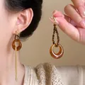 Fashionable Maillard style amber resin drop earrings with tiger eye beads for women - Hoop and Tassel Set (A2716)