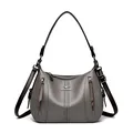 Elegante bolso de mano de piel gris con múltiples bolsillos y correa de hombro ajustable - Gris