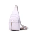 Retro cream pebbled leather female sling bag with a wide ethnic patterned strap. - White