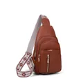 Vintage brown faux leather sling bag with ethnic embroidered wide shoulder strap - Tan