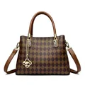 Elegant brown checkerboard handbag with kangaroo charm for women's office and commute - Two-color Plaid Khaki