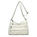Sac bandoulière en cuir lavé blanc souple avec plusieurs poches zippées pour femmes - Blanc Cassé