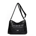 Large capacity black faux leather crossbody bag with multiple zippers for women - Black