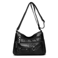 Large capacity black soft leather shoulder bag with multiple pockets for ladies. - Black (446-144)