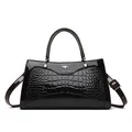 Elegant black crocodile-textured women's handbag with top handle and shoulder strap - Top Handle Crossbody Style (8696) / Black
