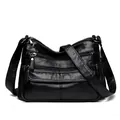 Premium black soft washed leather crossbody shoulder bag with multi-zipper pockets - Black