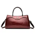 Retro wine red glossy leather handbag with crocodile pattern and elegant metal logo - Top Handle Crossbody Style (8696) / Burgundy