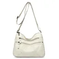 Elegant off-white multi-pocket soft faux leather crossbody bag with adjustable strap - White