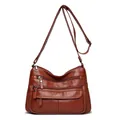 Brown washed leather crossbody bag with multiple zipper pockets for women. - Yellow