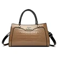 Retro brown crocodile pattern handbag with top handle and black shoulder strap - Top Handle Crossbody Style (8696) / Khaki