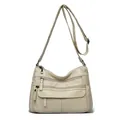 Elegant beige washed PU leather crossbody bag with multiple zippered pockets for women - Apricot