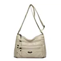 Cream-colored large capacity women's shoulder crossbody bag with multiple zipper pockets - Apricot