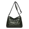 Soft dark green faux leather shoulder bag featuring multiple functional zipper pockets - Green (446-144)