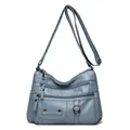 Elegant soft leather multi-pocket crossbody bag in dusty blue with adjustable strap - Blue (446-144)