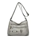 Multi-pocket soft gray leather crossbody shoulder bag for women - Light Gray (446-144)