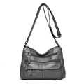Sac bandoulière en cuir lavé gris souple avec plusieurs poches zippées et bandoulière - Gris foncé