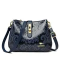 Elegant dark blue vintage crossbody bag featuring embossed floral patterns and gold accents - Blue