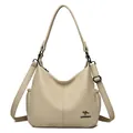 Large capacity cream textured leather crossbody shoulder bag for middle aged women - Apricot
