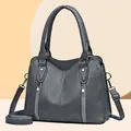 Classic grey faux leather tote bag with dual zippers and adjustable shoulder strap - Dark Gray