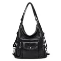Versatile black faux leather convertible shoulder backpack with multiple zip pockets - Black