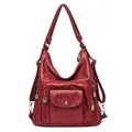 Vintage red multi-functional handbag with multiple pockets in soft textured leather - Burgundy