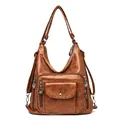 Elegant brown vintage textured leather multi-way shoulder and backpack for women - Yellow Brown