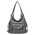 Multi-functional dark gray washed leather convertible women's shoulder bag and backpack - Gray
