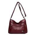 Soft burgundy leather crossbody bag with multiple front zipper pockets for women - Burgundy