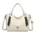 Elegant off-white pebbled leather tote with black studded detailing and kangaroo logo - Off White