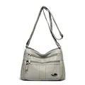 Fashionable grey multi-pocket faux leather crossbody bag with adjustable strap - Light Gray