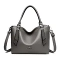 Elegante bolso de mano de cuero gris con cintas tachonadas y asas superiores. - Gris