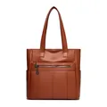 Bolso tote grande de cuero suave marrón para mujer con costuras verticales decorativas - Marrón Amarillento