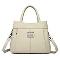 Elegant cream-colored textured leather handbag with detachable crossbody strap and top handle - Off White
