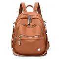 Large capacity tan soft leather backpack with multi-zipper pockets and wide strap - Yellow Brown