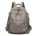 Stylish large capacity soft leather women's backpack in taupe featuring multi-zipper pockets - Earth Gray