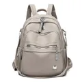 Stylish grey soft faux leather backpack for women featuring multiple zip pockets - Castle Gray