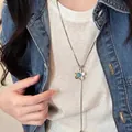 Long vintage silver snake chain necklace featuring a turquoise stone flower pendant for her - Silver Flower Green Style (X1976 Green) / Silver