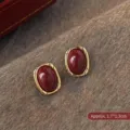 Vintage red enamel stud earrings with gold-tone frame, size 1.7x1.3cm - Oval Enamel Style (E4492)