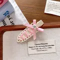 Ballet-style hair clip featuring pink ribbon weave, bow, and sparkling gem on cream base - Pink and White (Beige Clip)