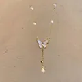 Elegant gold butterfly necklace with pearls and zircon accents for women - Butterfly Pearl Style (X1696) / Gold