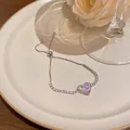 Elegant silver plated copper bracelet with heart shaped zircon and adjustable toggle - Heart-Shaped Sparkling Zirconia Style (S487) / Silver