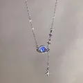 Silver planet and star necklace with blue moonstone and shimmering zircon crystals - Planet Orb Style / Silver