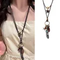 Bohemian ethnic style long feather necklace with star, starfish and bead accents for women - Black Feather Style (X1624 Brown C)