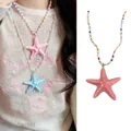 Bohemian style pink starfish pendant necklace with colorful handmade beads and pearls - Starfish Style (X1747 Pink)