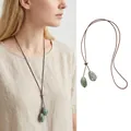 Elegant New Chinese style Zen long necklace featuring green marbled ceramic pendants - Oval Style (X1750 Green)