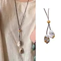 Zen long necklace with bohemian ceramic pendants in vintage ethnic style - Oval Double Ceramic Bead Pendant (X1750)