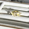 Detailaufnahme eines goldenen Schmetterling-Rings mit eleganten gelben Steinen in Box - Katzenaugen-Effekt Doppel-Schmetterlingsstil (Nr. 13) / Verstellbar Offen / Gold