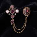 Retro legering kettingbroche met paarse strass en dubbele kettingen voor colbert revers. - Antiek Goud, Ovalen Paarse Ketting