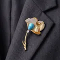 High-end luxury ginkgo leaf brooch with blue turquoise and crystals on gold-toned finish - Gold, Ginkgo Blue