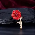 Elegant red flower brooch with gold-tone stem and sparkling clear rhinestones accessory - Six Heart Red Crystal Iridescent Gold Branch Flower Style (824520)